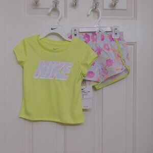 NWT 2pc Nike Lemon Yellow Top & Floral Running Shorts sz 4t
